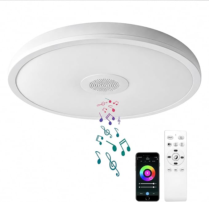 Smart Waterproof LED Flush Mount Ceiling Light Fixture,11 inch 18W,with Bluetooth Speaker,RGB Color Changing Function- Dimmable Lamp,Tuya Application Control-Compatible with Alexa Google Home