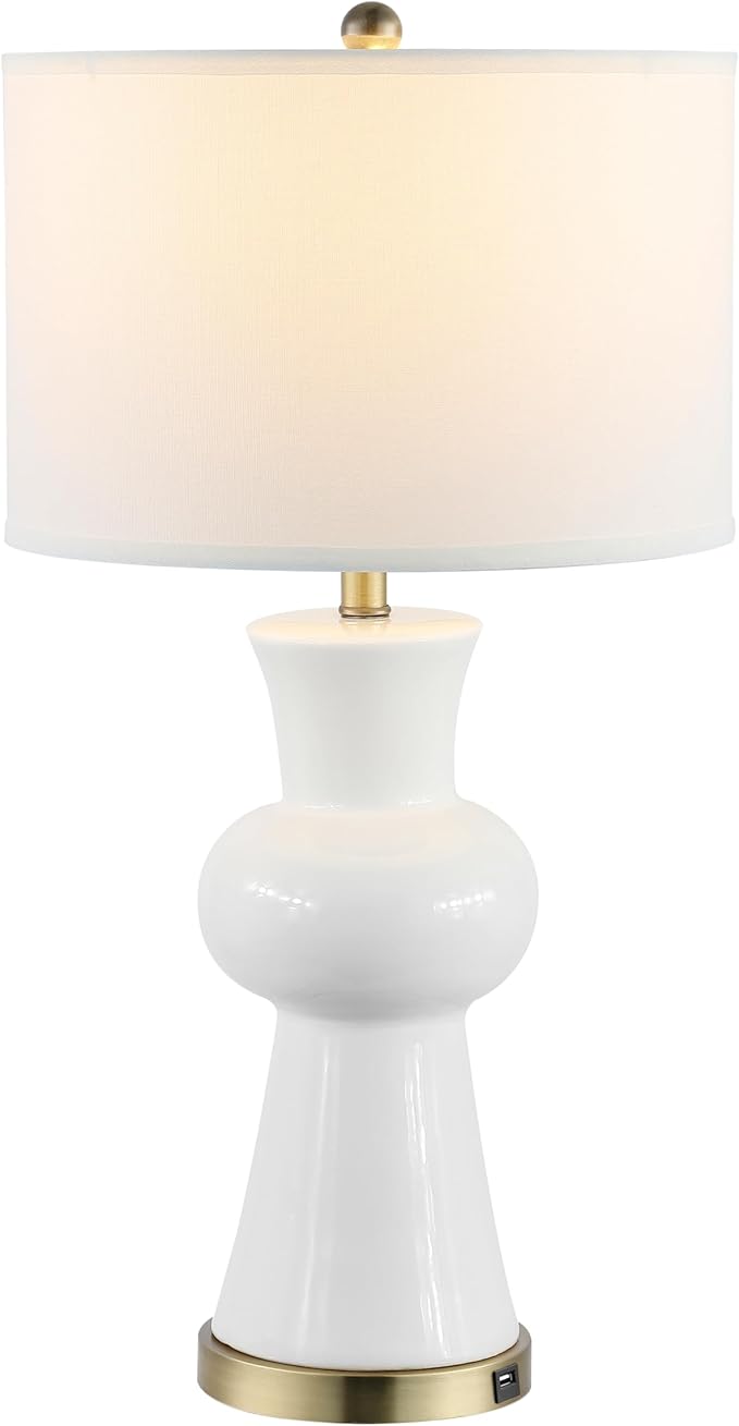SAFAVIEH Lighting Collection - Lola Column Table Lamp, 30" White Ceramic Body with Drum Shade, Modern Accent Light (LIT4150B)