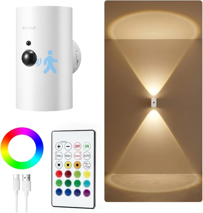 EZVALO Battery Operated Wall Sconce with Motion Sensor, 4000mAh Rechargeable Wall Light, 3 Color Temperatures & 12 RGB, Up & Down LED Lighting for Hallway, Stairs (White, 1 Pack)