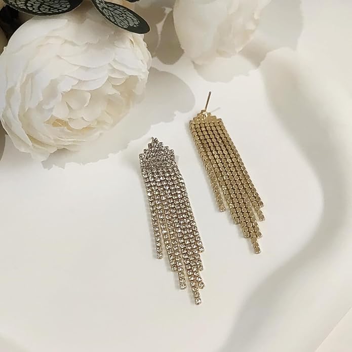 Luxval Rhinestone Earrings Dangling for Women Sparkly Silver Dangle Earrings Girls Long Chandelier Earrings Tassel Lightweight Ear Studs Cubic Zirconia Crystal Statement