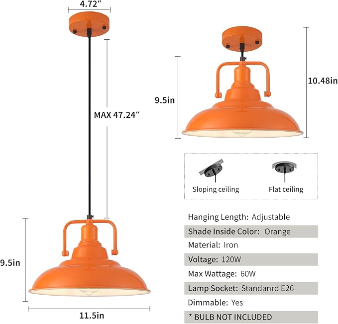 Farmhouse Pendant Light, 2 Packs 12.5inches Orange Kitchen Pendant Lights, Island Pendant Lights, Modern Pendant Lights, Pendant Light for Kitchen, Living Room, Bedroom, Hallway