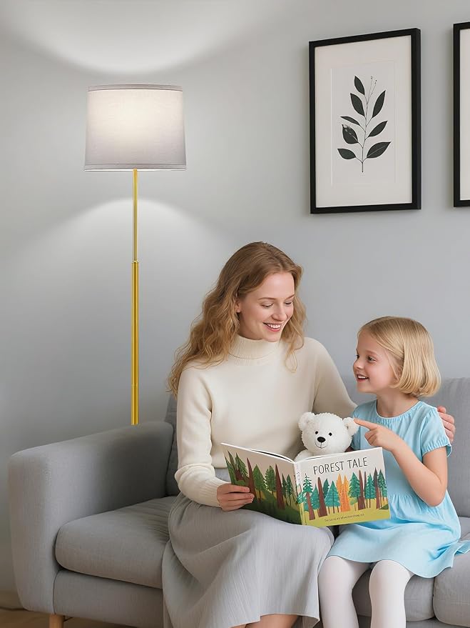 60" Modern Floor Lamp for Living Room Bedroom, Standing Lamp with White Linen Lampshade, Tall Lamp with A19 9W 3 Color Temperature Bulb, Foot Switch Control, Gold