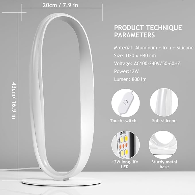 NUÜR Circle LED Table Lamp, 3 Color Temperatures Bedside Lamp for Living Room, Stepless Dimmable Bedside Table Lamp, White Unique Nightstand Lamp for Bedroom, Home, Office