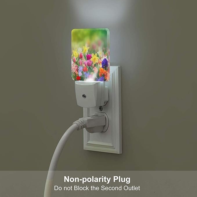 Summer Colorful Flowers Night Light Set of 2, Spring Floral Auto Sensor LED Dusk-to-Dawn Nightlights, Plug-in Sensor Lamp for Bedroom Bathroom Kitchen Hallway Stairs Decorative