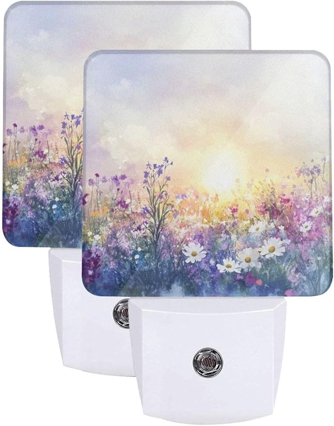 Watercolor Spring Flowers LED Plug-in Night Lamp 2 Piece Set, Nightlights Set of 2 for Bedroom Bathroom