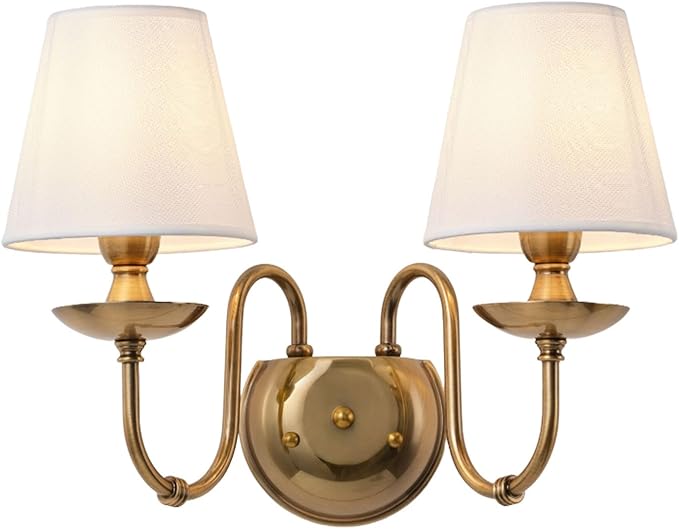 Aiwen 2-Light Bedroom Wall Lamps Polished Solid Brass Finish Wall Lights with White Flax Fabric Shade Vintage Reading Lights Wall Sconces for Bedside Hallway E12