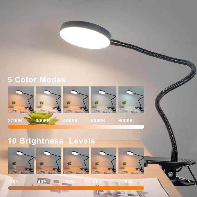 LiFMIRA Clip on Lamp, 8W 66 LED Bed Light for Reading, 5 Color Modes, 10 Brightness Levels, Eye Care, Flexible Gooseneck, Metal Clamp, USB Powered, Modern Design, Black | 5 Color Modes, 10 Brightness Levels, Eye Care Clip on Light, Flexible Gooseneck, ...