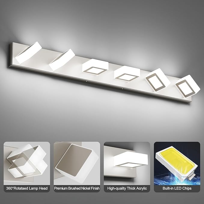 Ralbay Brushed Nickel Bathroom Vanity Light Metal Acrylic Modern LED Bathroom Lighting Over Mirror (White Light 6000K)