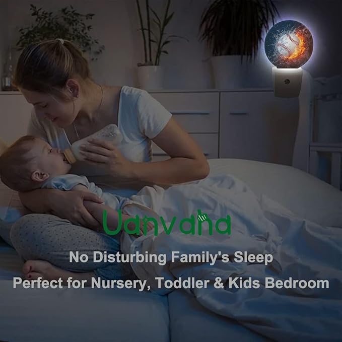 Sport Night Lights Plug into Wall Baseball Ball in Fire and Water Night Light Dusk to Dawn Sensor LED Lighting for Bedroom Bathroom Living Room, 0.5W Sleep Friendly