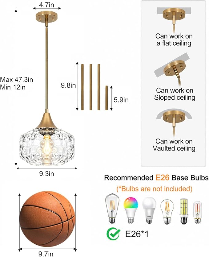 DSMJFU Gold Kitchen Island Pendant Lights with Hammered Glass for Island | 2-in-1 pendant & ceiling light; height adjustable; 90° rotation; adaptable different ceiling types;above kitchen sink light
