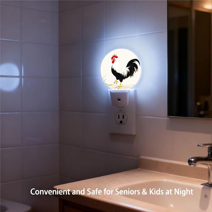Plug-in Vintage Rooster Night Light Classic Poultry Art Night Lights Plug into Wall with Auto on/Off Sensor, 0.5W LED Nightlight for Bedroom Bathroom Kitchen Hallway