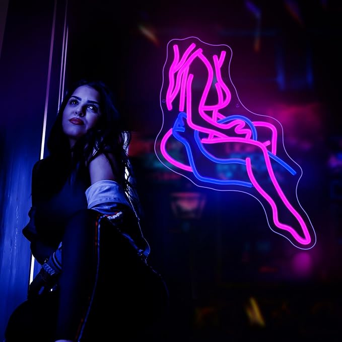 Lady Neon Sign, JGHTURIE Neon Signs for Wall Decor, Pink & Blue Light Up Signs for Room Decor Bar Led Sign for Man Cave, Party, Office, Art Decoration, USB Powered