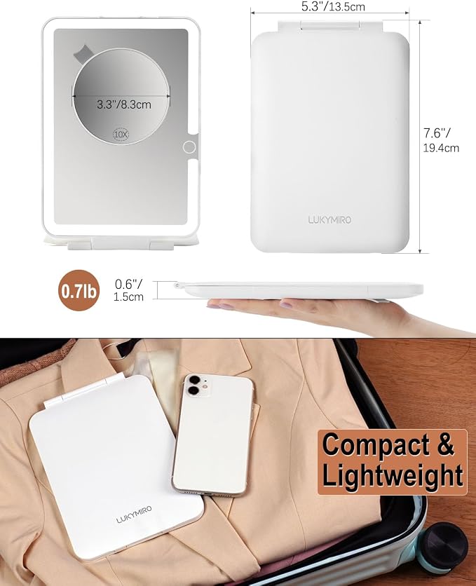 Rechargeable Travel Makeup Mirror with Light,7x5 inches Portable Lighted Vanity Mirror with Small 10X Magnifying, LED 3 Color Dimmable, Tabletop Folding Compact Mirror
