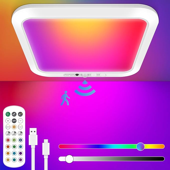 Rechargeable Motion Sensor Ceiling Light, Battery Closet Light 12 RGB Color | 8000mAh Wireless Battery Powered Shower Light Magnetic Mount, LED Cordless Stick On Overhead Ceiling Light for Pantry Hallway