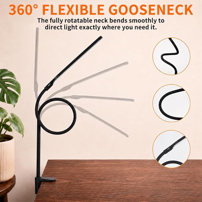 Long Gooseneck LED Clamp Desk Lamp, Eye-Caring Reading Light | Dimmable Clip on Lamp, 800LM, 3 Colors and 10 Modes, for Office Home Task