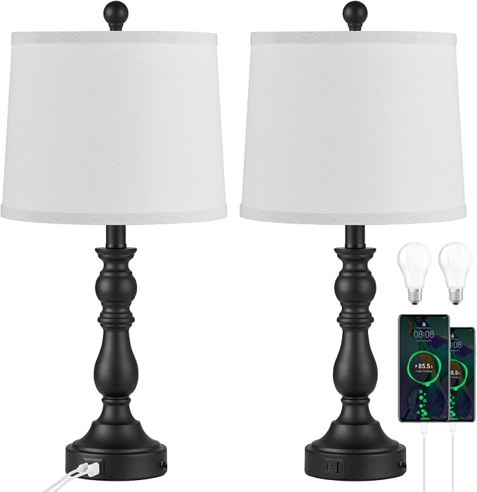 Farmhouse Side Table Lamps for Living Room Set of 2 with USB C+A Ports, Bedside Lamp for Bedroom, Dining Room Decor, Office, End Table, Knob Switch, 3 Color Temperatures, Bulb Included, Black