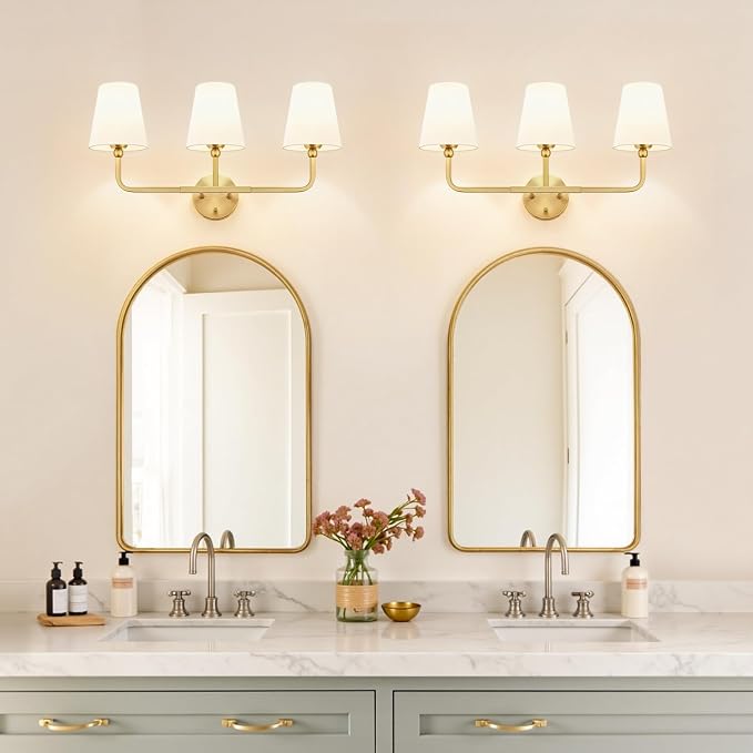 MOKATNG Bathroom Light Fixtures, 3-Light Brushed Gold Vanity Lights, Bathroom Lighting Fixtures Over Mirror with Flared White Fabric Shade, Modern Wall Sconces for Living Room Hallway