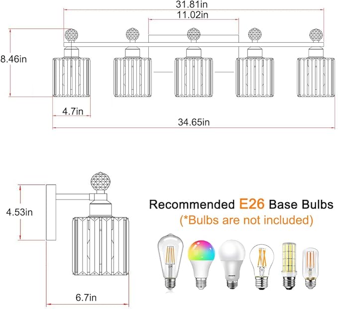 Bathroom Vanity Lights Over Mirror - Easy Installation with Clear Guide, 5-Light Shadow-Free Design, Chrome Crystal Finish - for Modern Home Bathroom Lighting Fixtures in DIY Projects