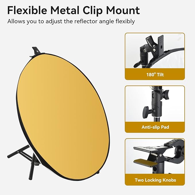 UTEBIT 24"/60cm Light Reflector with Stand, 5-in-1 Portable Round Light Diffuser Translucent/Silver/Gold/White/Black Reflector Photography for Studio or Outdoor Photo Lighting