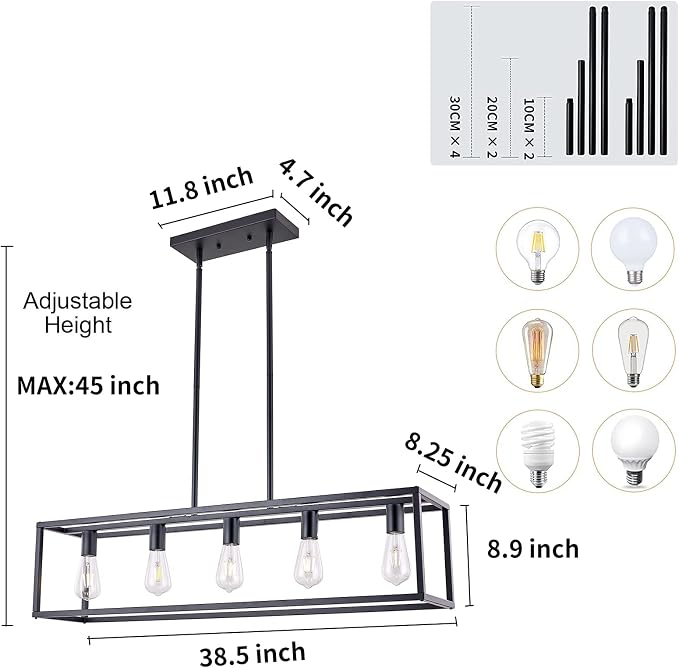 Kitchen Light Fixtures Dining Room Light Farmhouse Rectangle Chandeliers for Dining Rooms, Light Fixture Matte Black 5-Light Industrial Pendant Lighting