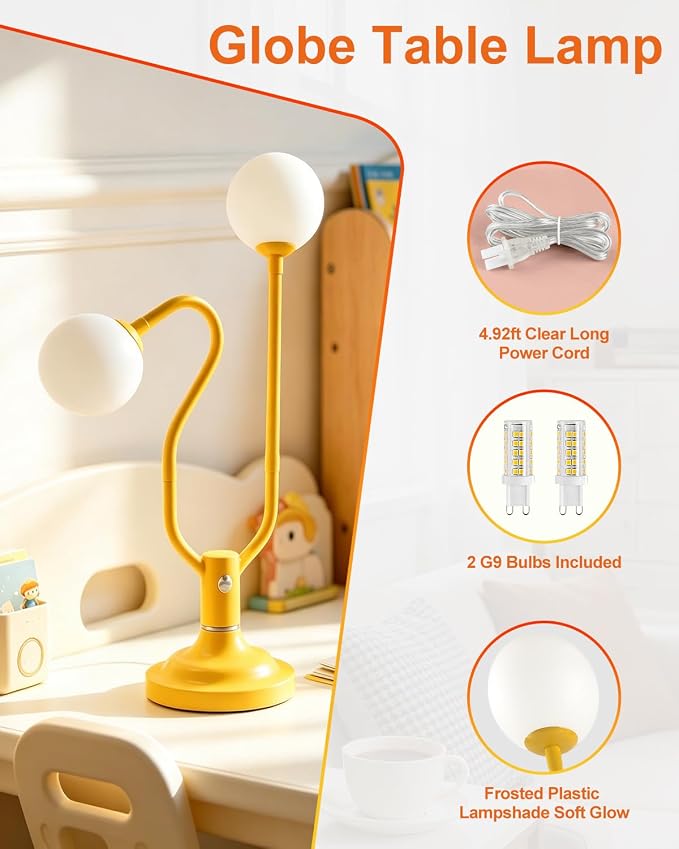 Yellow Globe Table Lamp Dimmable Magic DIY Arms G9 Bulbs Included | Nightstand Modern Desk Lamp Vintage Ambient Night Light Warmwhite Kids Bedside Lamps for Living Room Bedroom Nursery Gift
