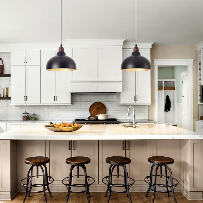 Black Pendant Light, 11.8" Farmhouse Black and Wood Hanging Pendant Lights Kitchen Island, Vintage Pendant Light Fixture Large Dome Chandelier for Kitchen Island, Dining Room
