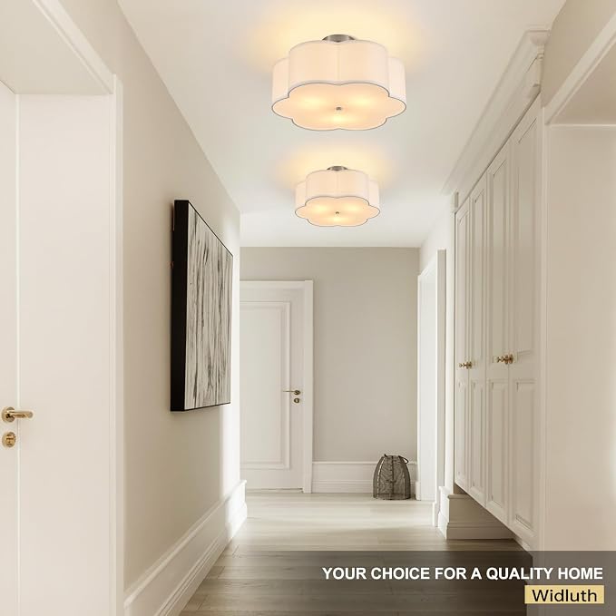 18" Chrome Semi Flush Mount Ceiling Light, 3-Light Petal Fixture | White Beige Linen Petal Shade, Modern Chrome Style For Bedroom, Living, Kitchen And Nursery; Close-To-Ceiling, E26, Dimmable