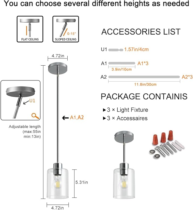 Chrome Pendant Lights Kitchen Island - Clear Glass Pendant Light Fixture Multiple Stems Rods 3 Units 12 Inch 3 Units 4 Inch (3 Pack Chrome Downrod)