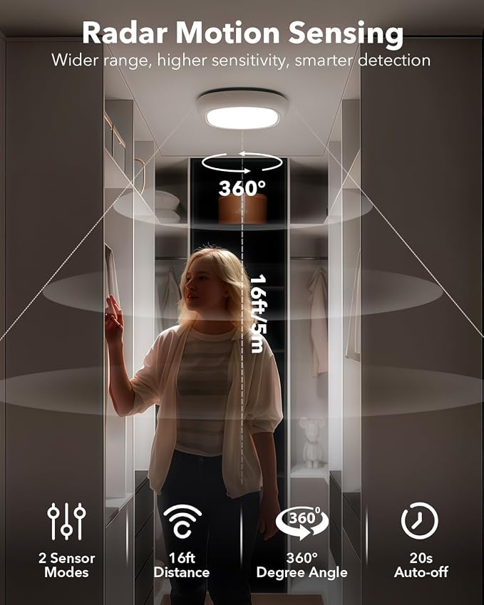 IP54 Waterproof Shower Light, Rechargeable Ceiling Lights No Wiring | 12000mAh Battery Operated, Remote, Portable, Wireless Motion Sensor Closet Overhead Light for Garage Hallway Pantry Bathroom