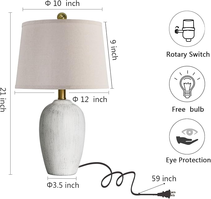 AIEAMPDO 21'' Set of 2 Rustic Ceramic Small Table Lamps for Bedroom | Farmhouse Vintage Nightstand Lamps for Living Room Office Entryway End Table, 2 Bulbs Included