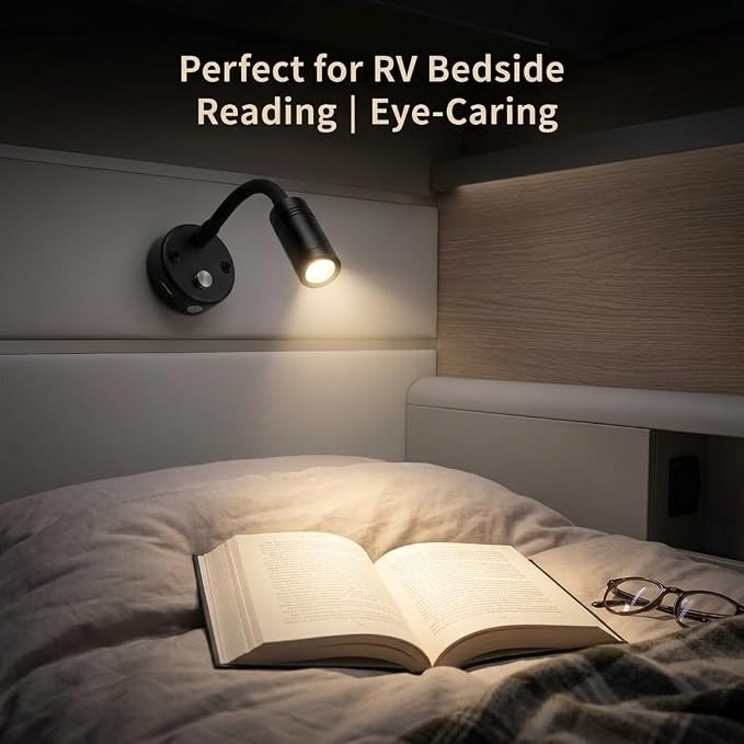 12V RV Reading Light, LED Wall Lamp with Switch, Bedside Light for Camper Trailer Boat,Dimming Function Available When Pressing the Touch Switch continously, Warm Light（2-Pack 3000k） | USB+Type-c,Dimmable,