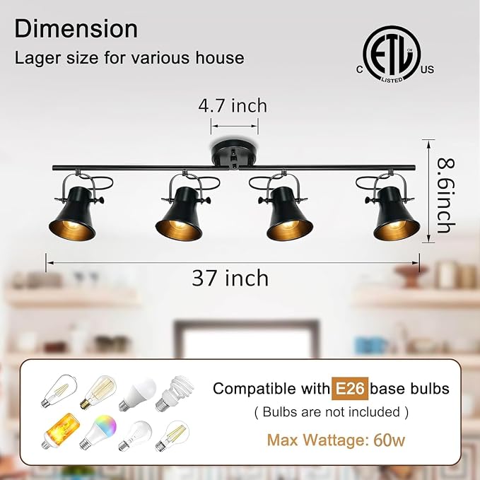 37"Rustic Track Lighting Fixtures Ceiling 4 Light Farmhouse Track Light | Black Track Light for Kitchen Bar Closet Living Room Spotlight,Directional 270°Rotatable Light Head