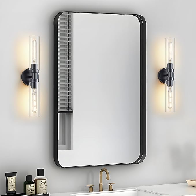 Lanhall 2 Light Bathroom Wall Sconce Set of 2,Modern Farmhouse Black Bathroom Light Fixture Over Mirror with Clear Glass Shade,Bathroom Vanity Light for Hallway Cabinet Bedroom Stairway Porch