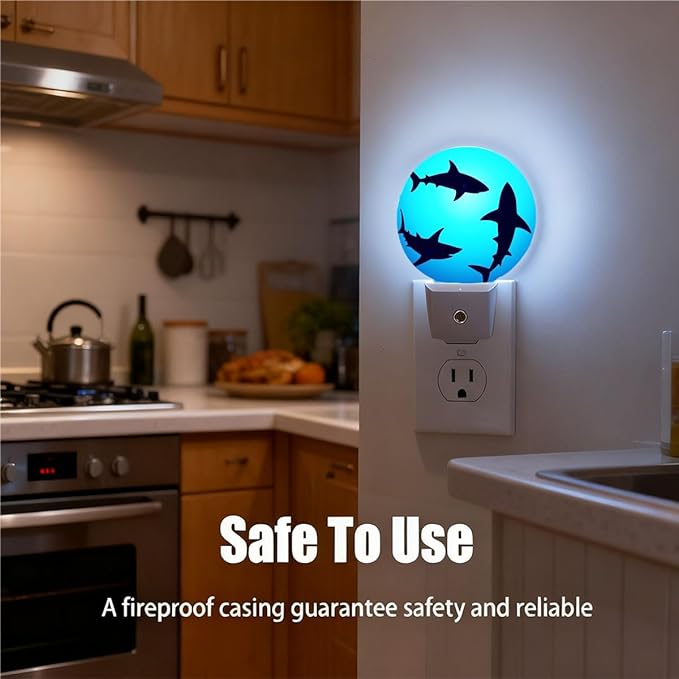 Plug-in Floating Sharks Night Light Ocean Blue Nightlight with Dusk to Dawn Sensor, Auto On/Off 0.5W Energy-Saving LED Lighting for Men Women Boys Girls Gift