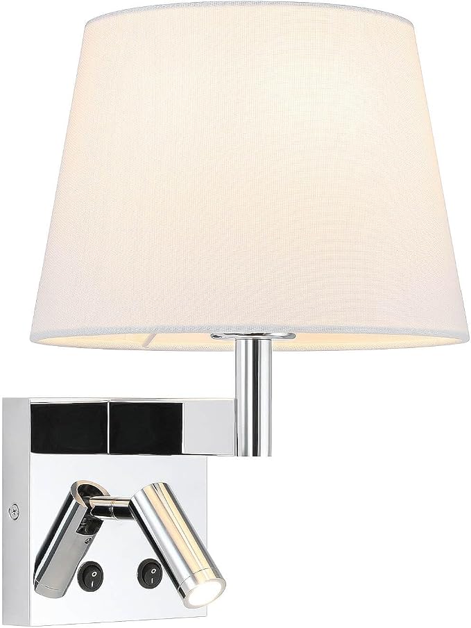 XiNBEi Lighting Wall Sconce with LED Reading Light for Living Room, Chrome | Bedroom Wall Lamp, White Fabric Shade & On/Off Switch, Wall Mounted Reading Lights, For Bedside Office & Hotel