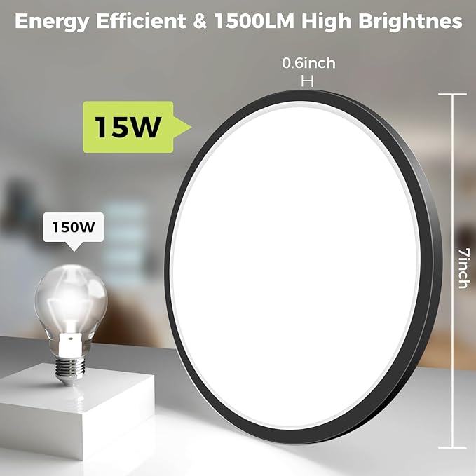 hepside 6Pack 7Inch LED Flush Mount Ceiling Light, Super Slim 15W LED Ceiling Light, Dimmable&3000K/3500K/4000K/5000K/6500K Adjustable Flat Ceiling Light Fixture for Bedroom,Living Room,Kitchen-Black