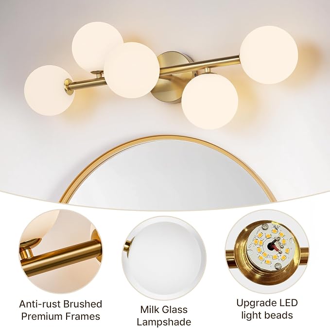 27" Mid Century Modern Globe Brushed Gold LED Bathroom Vanity Light | Mid Century Modern Design, Brushed Gold Finish, Soft Milk White Glass Globes, Integrated Energy-Efficient LED, Over Mirror