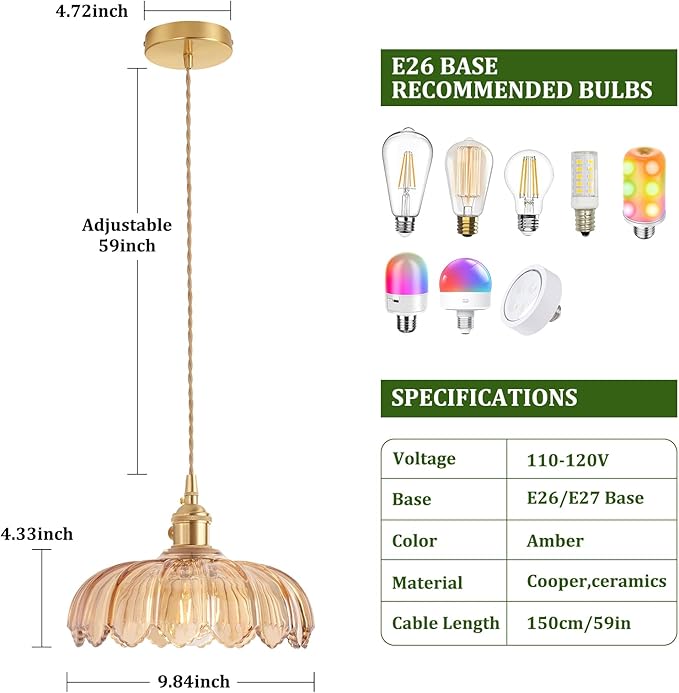 Pendant Light with Amber Scindapsus Glass Lmapshade, Brass Vintage Pendant Light Adjustable Hanging Light for Kitchen Island Dining Room Hallway
