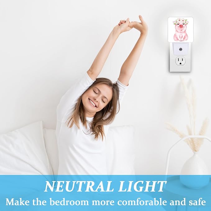 Watercolor Flower Pig Night Light, Plug-into Wall Cute Animals Nightlight Lamp with Dusk to Dawn Sensor, Led Lamp 0.5W Energy Efficient for Boys Girls Adults Home Decor