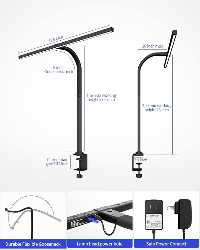 Desk Lamps for Home Office, 24W Extra Bright Office Desk Lighting, 31.5" Wide Modern Black Desk Lights with Auto Dimming Memory Function, Stepless Dimming Task lamp for Workbench Monitor