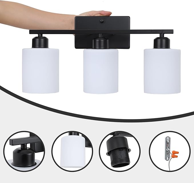 3-Light Bathroom Vanity Light Fixtures, Black Modern Vanity Light Over Mirror, Modern Wall Light with Milky White Frosted Glass Shade for Bathroom Bedroom Living Room Kitchen Hallway