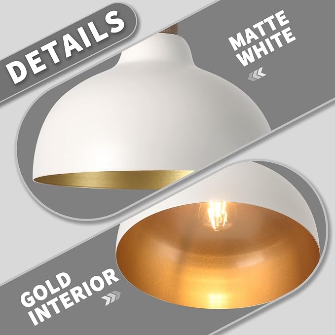 11.8" White Morden Pendant Light Kitchen Island Dome Pendant Light Fixtures, Farmhouse White and Wood Hanging Pendant Lights Kitchen Island, Dome Chandelier for Kitchen Island Dining Room