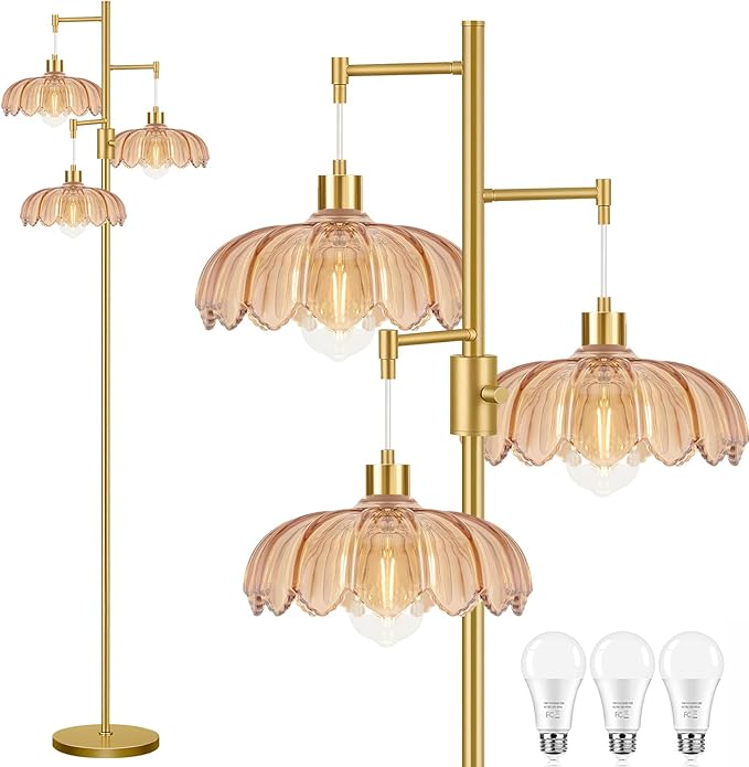 Gold Floor Lamps for Living Room Bedroom-3 Light Glass Floor Lamp with Three Led Bulb, Flower Tall Floor Lamp Dimmable Mid Century Modern Standing Lamp Vintage Tree Floor Lamps for Bedroom Corner