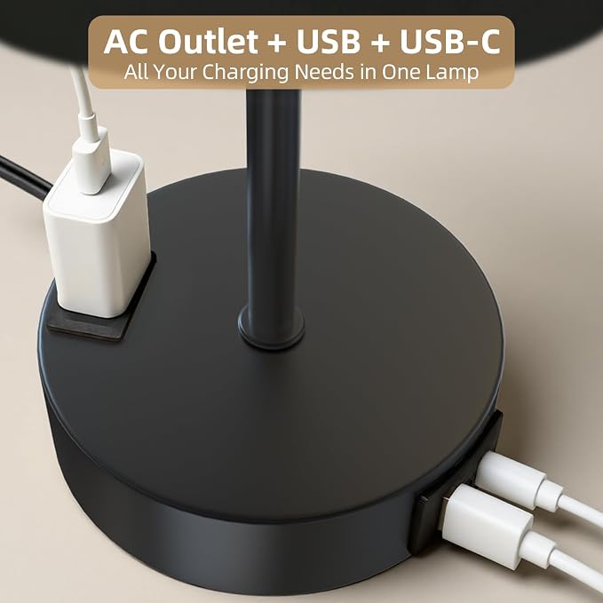 Table Lamp for Nightstand, High-Sensitivity Touch, 3-Level Dimmable Bedside Lamp with AC Outlet | USB | and USB-C, Ideal Night Stand Lamp for Bedroom (1, Black)