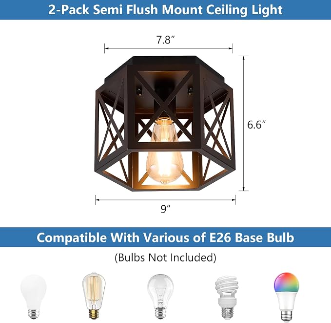 XSDeTu 2 Pack Flush Mount Ceiling Light, 1-Light Black Light Fixtures Ceiling Mount, Small Flush Mount Lamp with Hexagonal Metal Cage, Farmhouse Chandeliers for Hallway Kitchen Sink Entryway Foyer