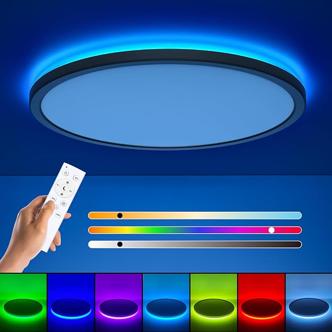 RGB Flush Mount LED Ceiling Light with Remote, 12 Inch Ceiling Light Fixture with Color Changing Backlight, 3000K-6500K Dimmable, 24W for Bedroom Kids Room Black