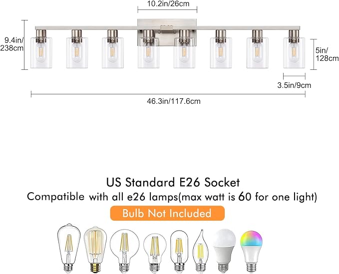 8 Light Bathroom Vanity Light, Large Brushed Nickel Vanity Lights Fixtures, Bathroom Lighting Fixture Over Mirror with Clear Glass Shade for Mirror, Bedroom, Living Room, Wall Lamp