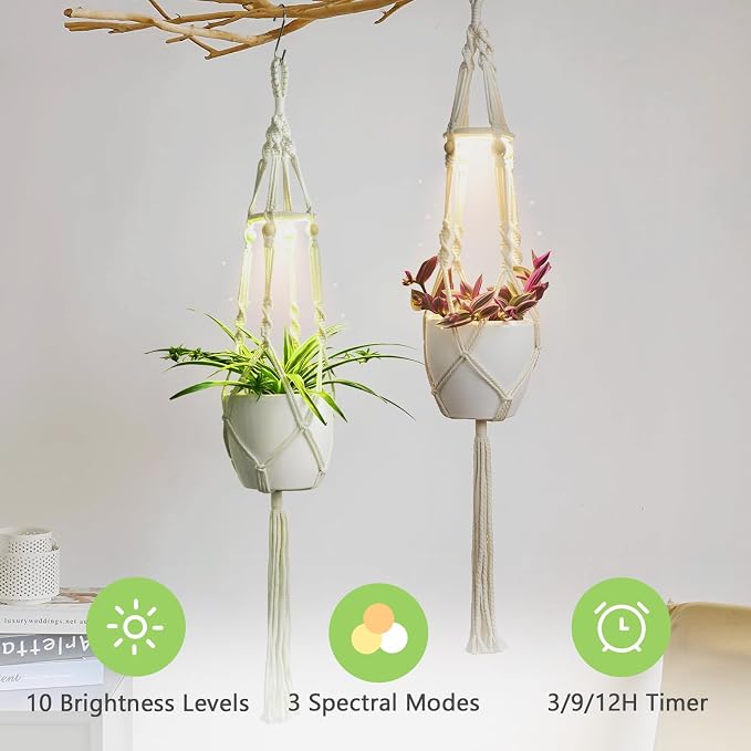 2 Pack Macrame Plant Hanger with Grow Light for Indoor Plants | 10 Brightness, 3 Light Modes, 3/9/12H Timer, Fits 5-9 in Pots, Cotton Rope, Boho Decor, Pots Not Included