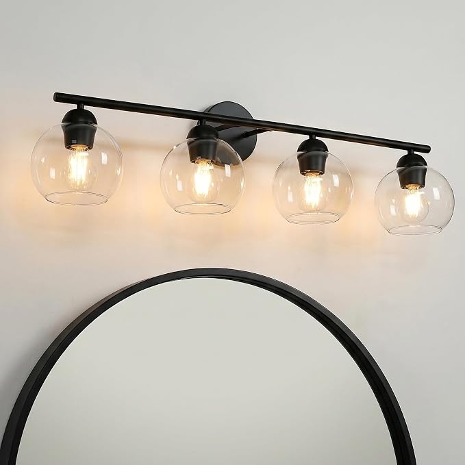 4 Light Bathroom Vanity Light, Black Vanity Light with Globe Glass Shades, Farmhouse Bathroom Light Fixtures Over Mirror, Modern Wall Light Fixture for Bedroom Hallway, E26 Socket