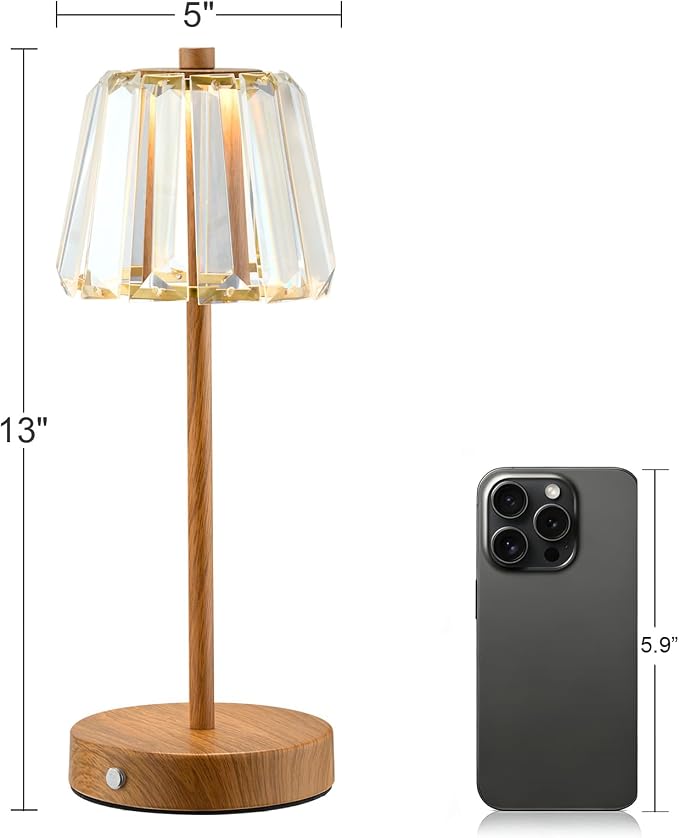 13" Small Crystal Cordless Table Lamp, Touch Rechargeable Desk Lamps | 3 Color Temps, Stepless Dimming, Wood Grain Portable Battery Operated LED Desk Lamps for Bedside, Nightstand, Kitchen, Patio
